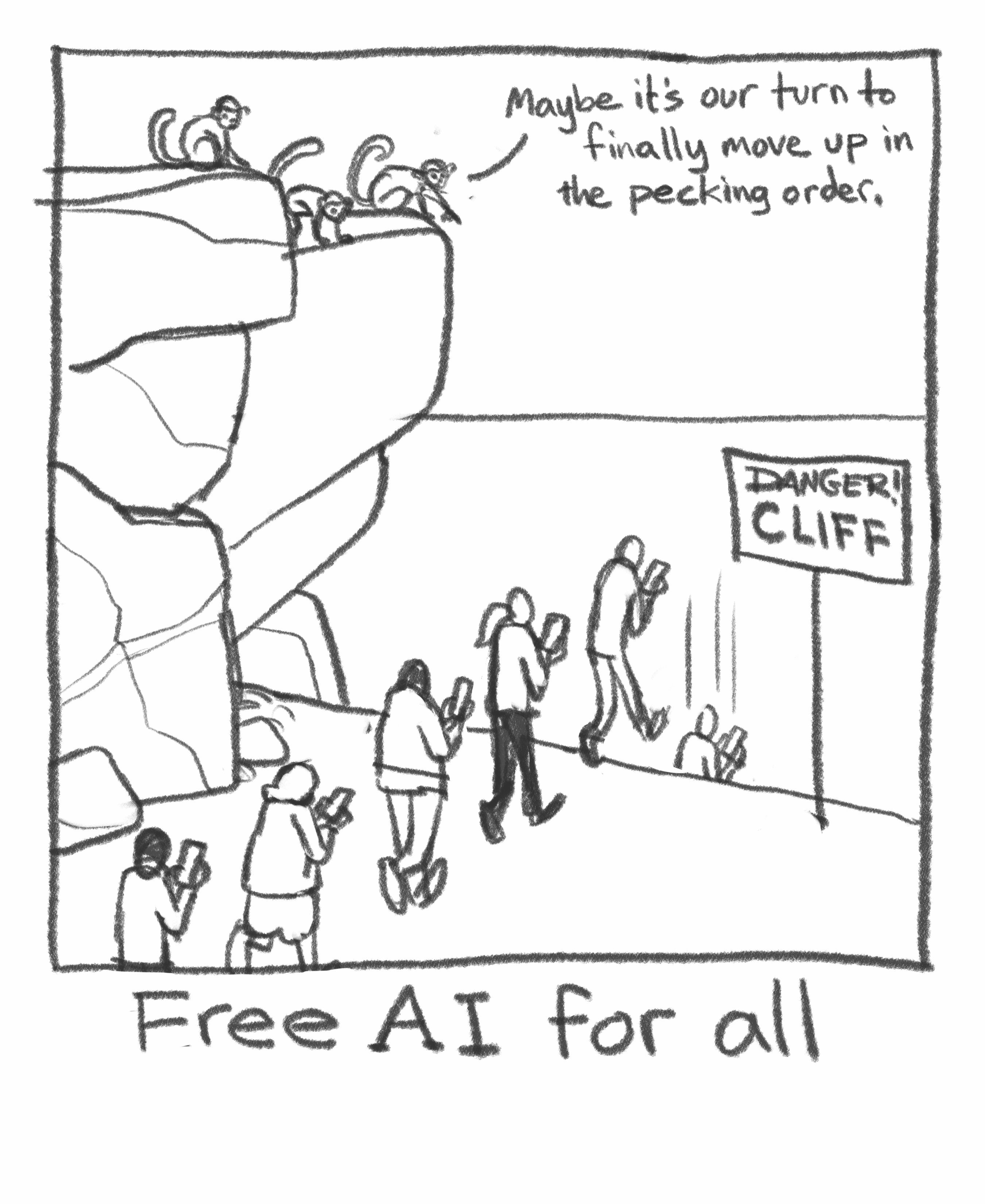 Pecking Order — cartoon showing monkeys on a cliff watching phone-distracted people walk off the edge